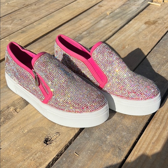 Viga Tiare Shoes - Viga Tiare Sparkling Rhinestone Bling Pink Slip-On Zipper Platform  Sneakers 8.5